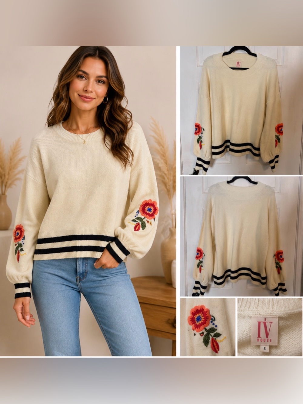 IV HOUSE Cream Embroidered Crew Neck Sweater S